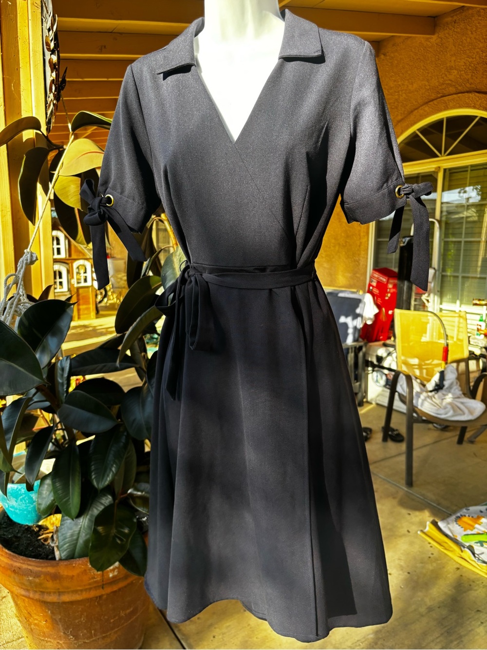 Sharagano NAVY Wrap Midi Dress with Tie Sleeve Detail